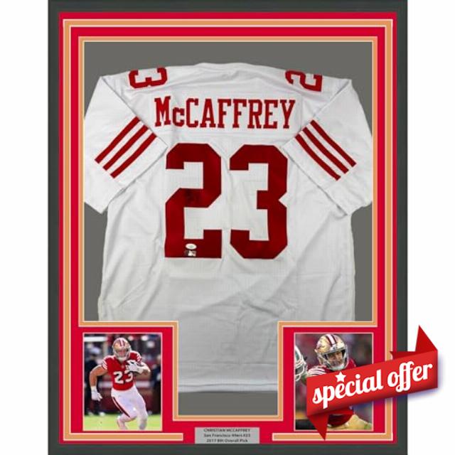 Framed Autographed/Signed Christian McCaffrey 33x42 San Francisco White Football Jersey JSA COA