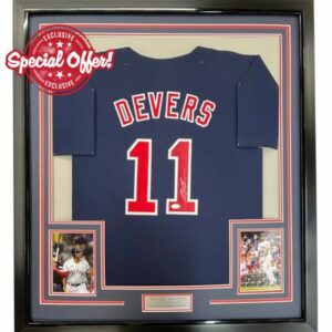 Framed Autographed/Signed Rafael Devers 33x42 Boston Blue Baseball Jersey JSA COA