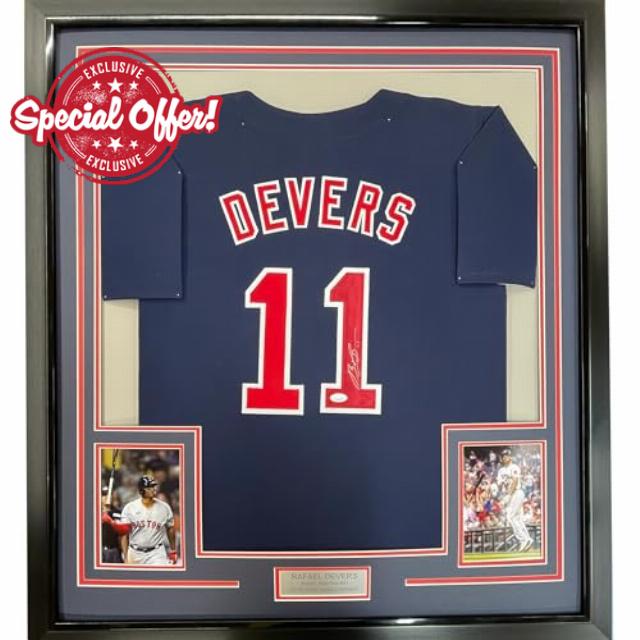 Framed Autographed/Signed Rafael Devers 33x42 Boston Blue Baseball Jersey JSA COA