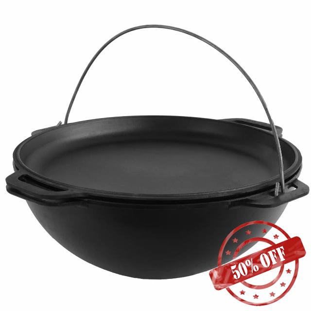 Dutch Oven Pot with Lid 10.5 Quarts (10 L) - Cast Iron Cookware Set - Uzbek Kazan Cast Iron - Premium Camping Cookware - Cast Iron Dutch Oven With Frying Pan Lid