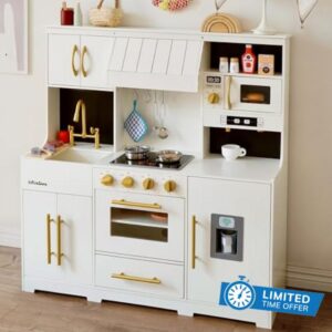 inFUNSAME Wooden Kids Play Kitchen Modern Toy Kitchen Set with Variety of Pretend Kitchen Interactive Play Features and 18 Pcs Play Accessories