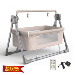 Baby Bedside Crib Multifunctional Infant Baby Bassinet Bedside Sleeper Adjustable Portable Foldable Baby Swing with Bluetooth Music Speaker and 5 Swaying Gears and Remote Control (Khaki 008-3)