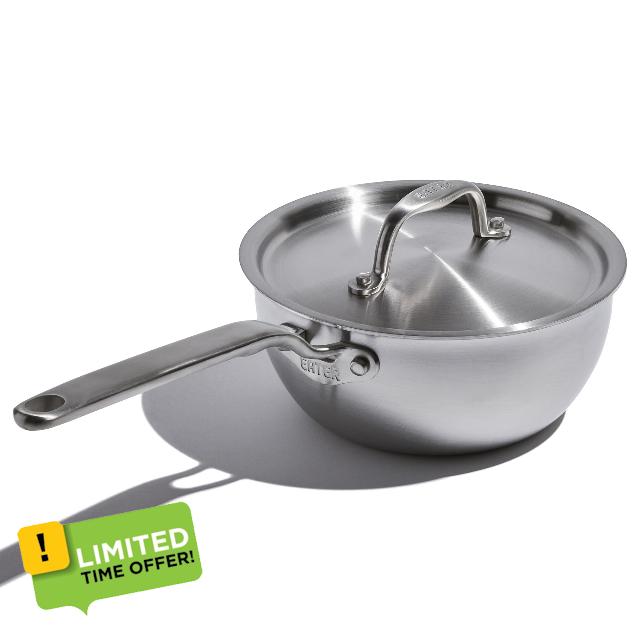 Eater x Heritage Steel 2 Quart Saucier | Made in USA | 5-Ply Fully Clad Stainless Steel Saucier Pan | Stay Cool Handle Design | Induction Compatible | Non-Toxic Saucier | Cook like an Eater