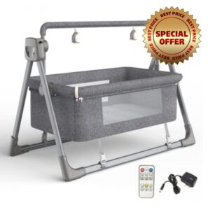 Baby Bedside Crib Multifunctional Infant Baby Bassinet Bedside Sleeper Adjustable Portable Foldable Baby Swing with Bluetooth Music Speaker and 5 Swaying Gears and Remote Control (Grey 008-3)