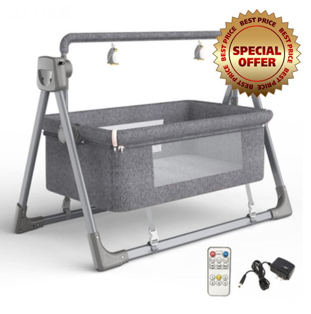 Baby Bedside Crib Multifunctional Infant Baby Bassinet Bedside Sleeper Adjustable Portable Foldable Baby Swing with Bluetooth Music Speaker and 5 Swaying Gears and Remote Control (Grey 008-3)