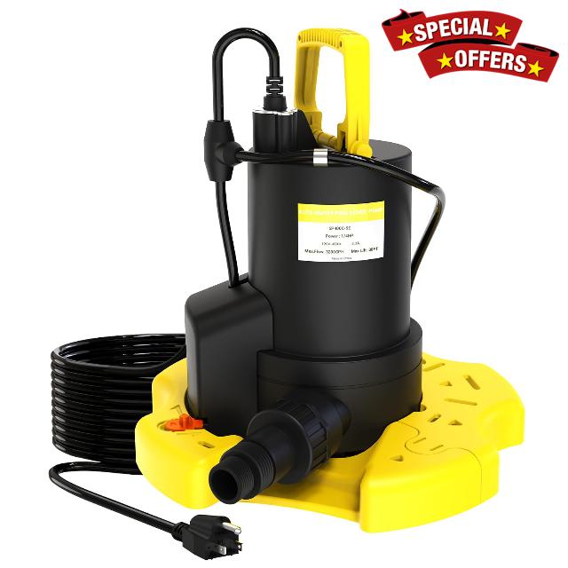 FIOCCO Automatic Pool Cover Pump - 1/4HP 3200GPH Submersible Water Pump with Check Valve
