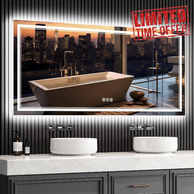 60"x 28" Large LED Bathroom Mirror - Front and Backlit Bathroom Mirror with Lights