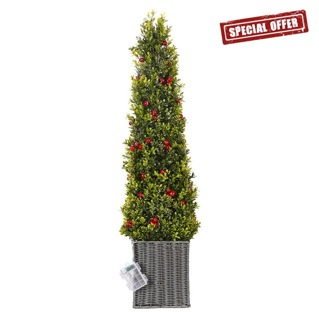 2 Pack 3FT Artificial Boxwood Topiary Christmas Tree with 60 LED