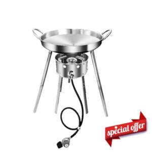 TewaX 21" Stainless Steel Concave Comal Griddle with Propane Burner Stove and Heavy Duty Stretchable Stand Mexican Style Outdoor Cooking Disc Wok Discada Disc Cooker