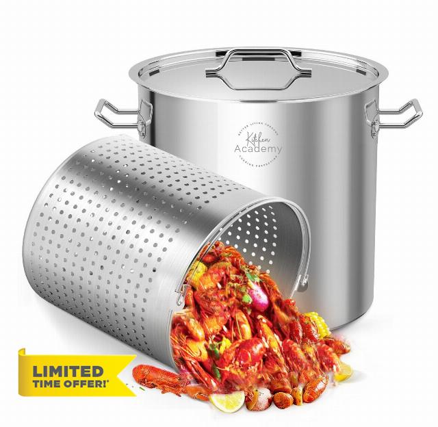 Kitchen Academy 52 Quart Stainless Steel Stock Pot with Strainer Basket