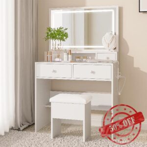 LECEVOCY Vanity Desk Set with LED Lighted Mirror & Power Outlet