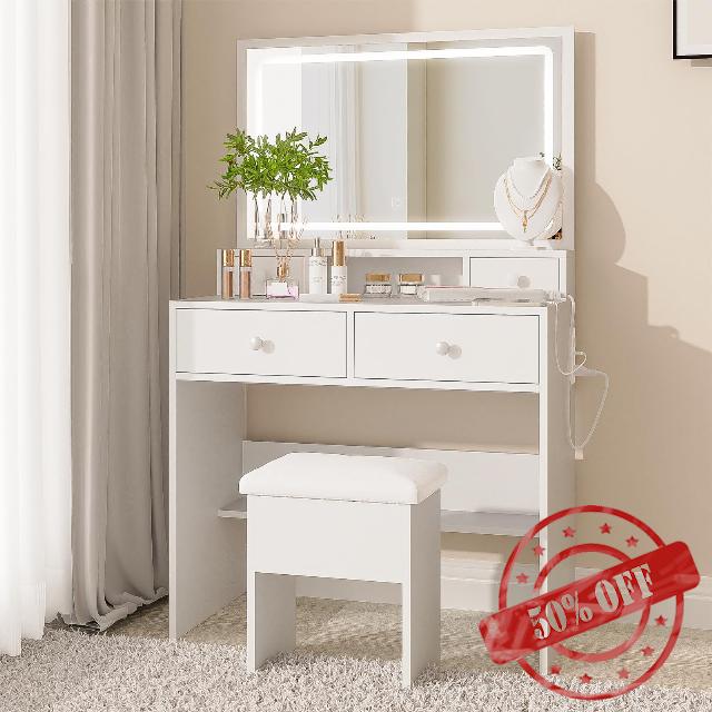 LECEVOCY Vanity Desk Set with LED Lighted Mirror & Power Outlet