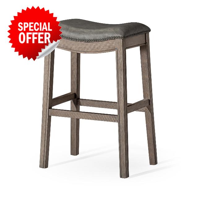 Maven Lane Adrien Saddle Barstool in Reclaimed Oak Finish with Ronan Stone Vegan Leather