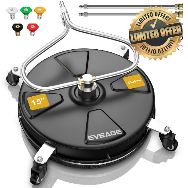 EVEAGE 15" Black Pressure Washer Surface Cleaner with Unique Curved Bar Design - 4 Wheel