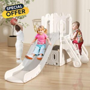 Toddler Slide with Basketball Hoop Plastic Folding Kids Slide Enclosed Steps Big Waiting Area Easy Assemble Indoor Slide Toy for Children Age 1-8 Castle Grey White