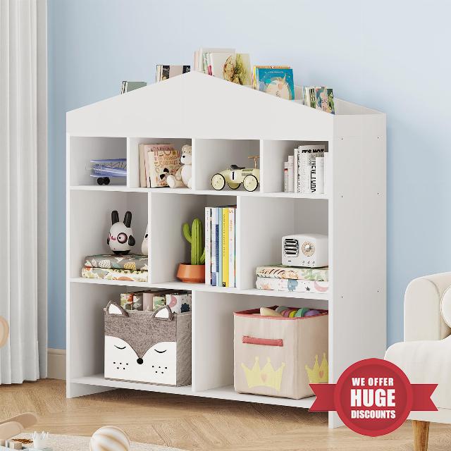 IDEALHOUSE Toy Storage Organizer 9-Cubby Kids Bookshelf 40.7in Width White Bookcase Toddlers Playhouse Cabinet Shelf for Boys Girls Wooden Cubby Storage Toy Shelf for Playroom
