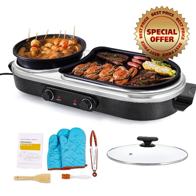 Electric Hot Pot Grill Removable 2 in 1 Shabu-shabu Pot Korean BBQ Grill Large Baking Tray Divider Hotpot
