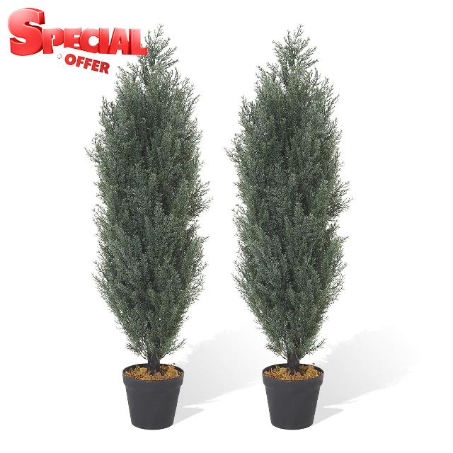THE BLOOM TIMES 3ft Topiary Trees Artificial Outdoors 2 Pack Faux Cedar Pine Topiary Plants Set of 2 for Front Porch 3 Foot