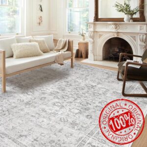 LIVEBOX Washable Area Rug 8x10 - Large Boho Living Room Rug Vintage Grey Rug for Bedroom