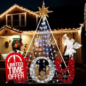 Zonon 5.9 FT Lighted Christmas Nativity Scene Holy Family Yard Decoration with 160 White LED Lights Cute Angels Christmas Decorations Set for Xmas Indoor Outdoor Garden Patio Holiday Party Decor