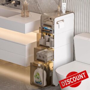 GoMaihe 4-Tier Bathroom Storage Cabinet|Slim Bathroom Storage Cabinets Free Standing|Narrow Bathroom Floor Cabinet with Drawers and Wheels|Waterpoof Side Cabinet for Laundry Room|Width 8.66"