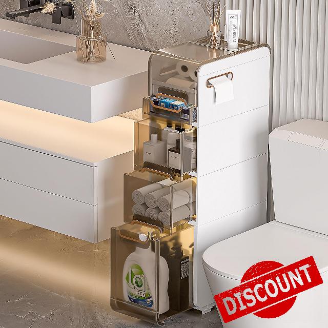 GoMaihe 4-Tier Bathroom Storage Cabinet|Slim Bathroom Storage Cabinets Free Standing|Narrow Bathroom Floor Cabinet with Drawers and Wheels|Waterpoof Side Cabinet for Laundry Room|Width 8.66"