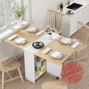 Space Saving Folding Dining Table with 2 Tier Storage-Extendable Drop Leaf Farmhouse Wood Kitchen Dining Room Tables Set for 4