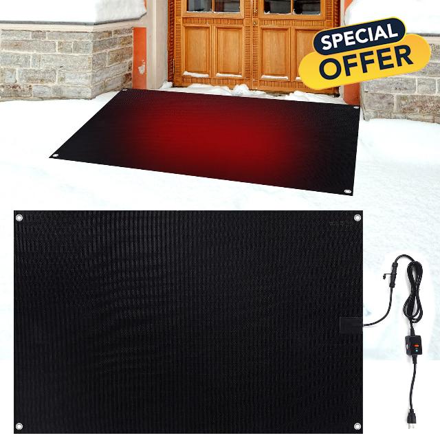 Baquler 30 x 47 Inches Heated Snow Melting Mats for Entrances Roof Heated Outdoor Mats for Winter Black Heated Snow Melt Mats Non Slip Rubber Heating Entrance Mats with Plug Power Cord for Outdoor Use