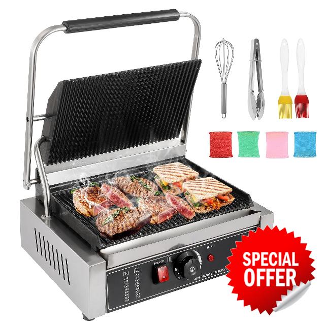POWLAB 2200W Commercial Sandwich Press Grill - Large Stainless Steel Panini Maker with Non-Stick Surface