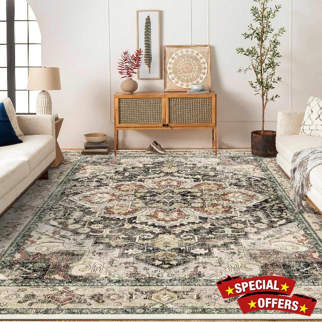 HILORUUG Washable Area Rug 8x10 - Living Room Farmhouse Vintage Oriental Rug Large Distressed Non-Slip Stain Resistant Carpet for Bedroom Dining Room Home Office (8x10 Black/Red/Ivory)