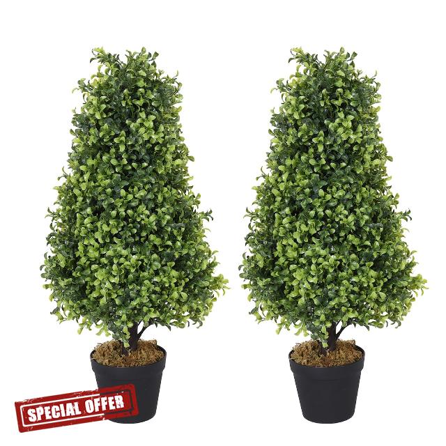 Azoco 2.5ft Topiary Trees Artificial Outdoor 30 inch 2 Pack Faux Boxwood Plants Outside Set of 2 Fake Bushes and Shrubs for Front Porch Garden Patio Decor