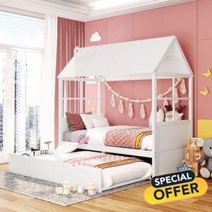 GINGVAT Twin Size House Bed with Twin Trundle