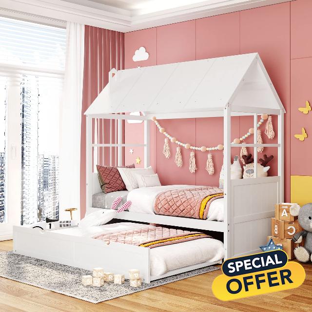 GINGVAT Twin Size House Bed with Twin Trundle