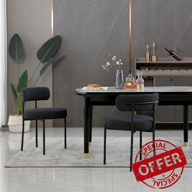 AISALL Black Dining Chairs Set of 2 Round Upholstered Boucle Dining Room Chairs Mid-Century Modern Kitchen Chairs Curved Backrest Chairs for Dining Room Black Metal Legs