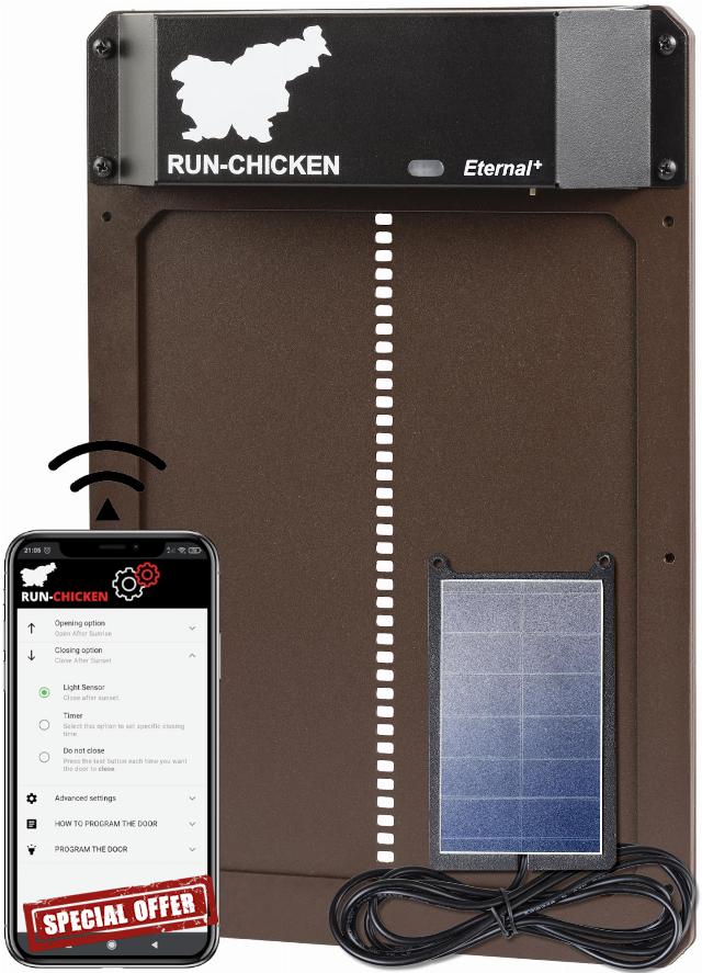 RUN-CHICKEN Door (Brown) Solar Chicken Coop Door