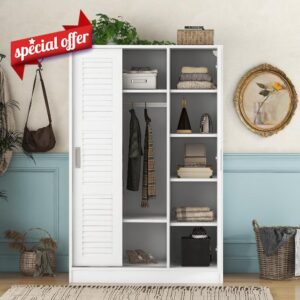 LZ LEISURE ZONE Wardrobe Storage Closet with 3 Shutter Doors and Hanging Rod
