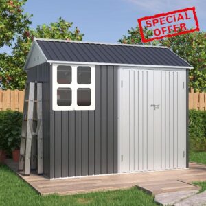 VanAcc 8x6x7.5 FT Outdoor Storage Shed Metal Garden House Double Lockable Hinged Doors for Backyard Garden Patio Nordic Cottage Shed 4-pane Window Lawn Dark Grey/White