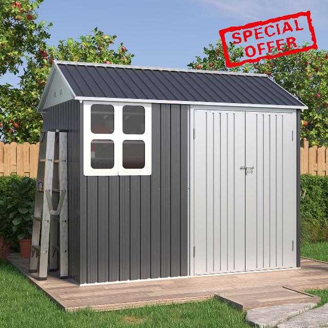 VanAcc 8x6x7.5 FT Outdoor Storage Shed Metal Garden House Double Lockable Hinged Doors for Backyard Garden Patio Nordic Cottage Shed 4-pane Window Lawn Dark Grey/White