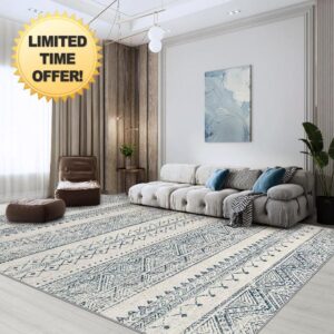 Area Rugs 9x12 Living Room: Large Machine Washable Rug with Non-Slip Backing Stain Resistant Soft Geometric Moroccan Carpet for Bedroom Dining Nursery Room Home Office - Blue