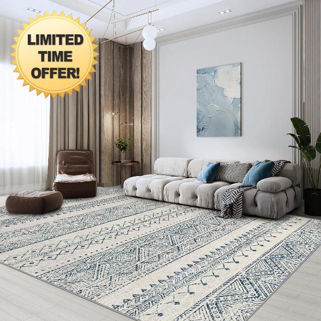 Area Rugs 9x12 Living Room: Large Machine Washable Rug with Non-Slip Backing Stain Resistant Soft Geometric Moroccan Carpet for Bedroom Dining Nursery Room Home Office - Blue