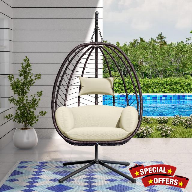 Gotland Egg Swing Chair Indoor/Outdoor Wicker Rattan Hanging Swing Hmmock Chair with Cushioned Headrest Load Capacity 350LBS for Patio Bedroom Porch Garden(Cream)
