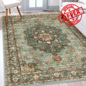 TOPRUUG Washable Oriental Area Rug - 5x8 Rugs for Living Room Soft Carpet for Bedroom Waterproof Floral Distressed Indoor Stain Resistant Non-Shedding Floor Carpets (Green