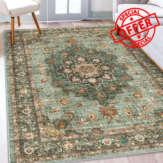 TOPRUUG Washable Oriental Area Rug - 5x8 Rugs for Living Room Soft Carpet for Bedroom Waterproof Floral Distressed Indoor Stain Resistant Non-Shedding Floor Carpets (Green