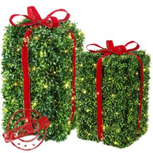 AUMMOOH Light Up Foliage Gift Box Décor – Set of 2 – Whimsical Christmas Decorations – Solar-Powered Warm White LED Lights - Indoor and Outdoor Décor – Festive Ribbon Accents – Eco-Friendly