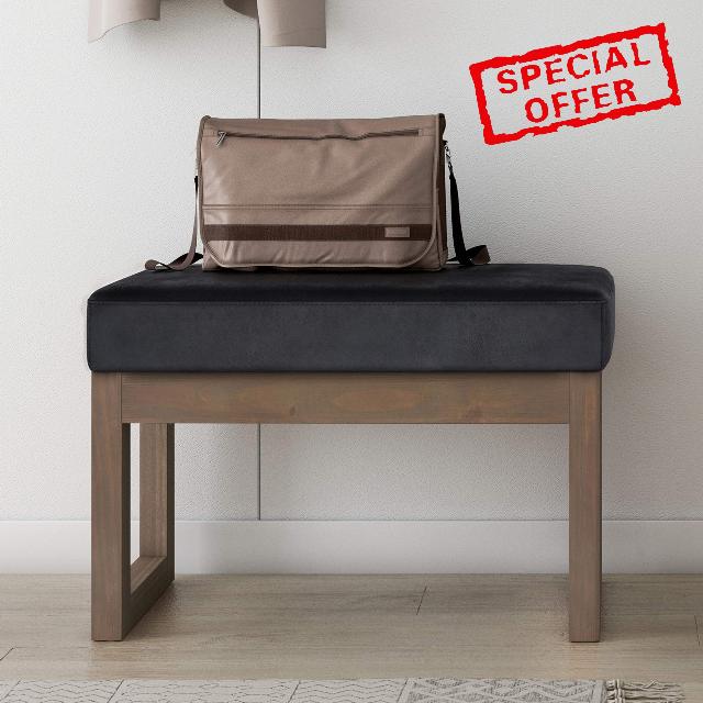 SIMPLIHOME Milltown 26 inch Wide Contemporary Rectangle Footstool Ottoman Bench in Distressed Black Faux Leather