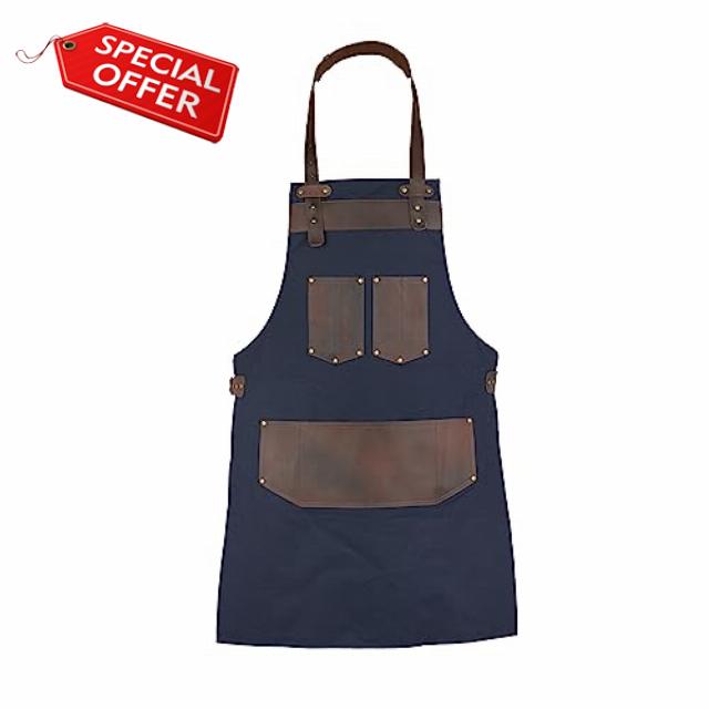 Top Grain Leather Blue Canvas Apron Butcher Apron - Cook Apron - BBQ Apron - Cooking Apron - DIY Apron - Woodwork Apron Gift for Him Gift for He