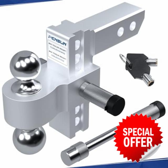 PENSUN Adjustable Trailer Hitch - 6" Drop/Rise Aluminum Drop Hitch with 2'' & 2-5/16'' Solid Dual Balls Mount Fit for 2" Receiver 12500 lbs Heavy Duty Tow Hitch with Double Anti-Theft Pins Locks