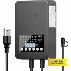 SUNVIE 300W Low Voltage Landscape Transformer with 2 Independent Control Output Landscape Lighting Transformer with Timer and Photocell Sensor 120V AC to 12/14V AC Weatherproof Low Voltage Transformer