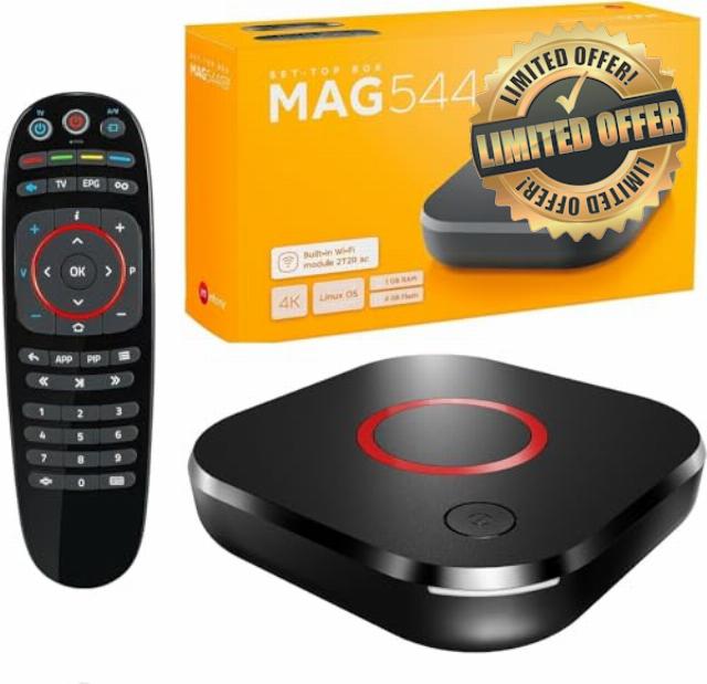 Infomir Original MAG 544 W3 4K Set Top Box Multimedia Player Internet TV Receiver 2160p @ 60 FPS HDMI 2.1 HDR and HEVC Support USB 3.0 4X ARM Cortex-A35 + HDMI Cable