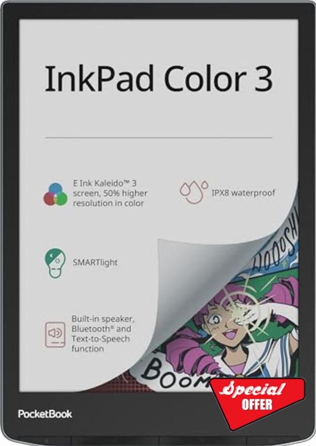 PocketBook InkPad Color 3 E-Book Reader | Enhanced 7.8'' Color E-Paper E-Ink Screen | Eye-Friendly E-Reader for Comics | SMARTlight | Audiobooks & Text-to-Speech | Bluetooth® & Built-in Speaker